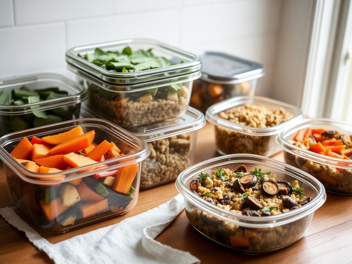 Healthy home-style meal prep containers on a wooden counter
