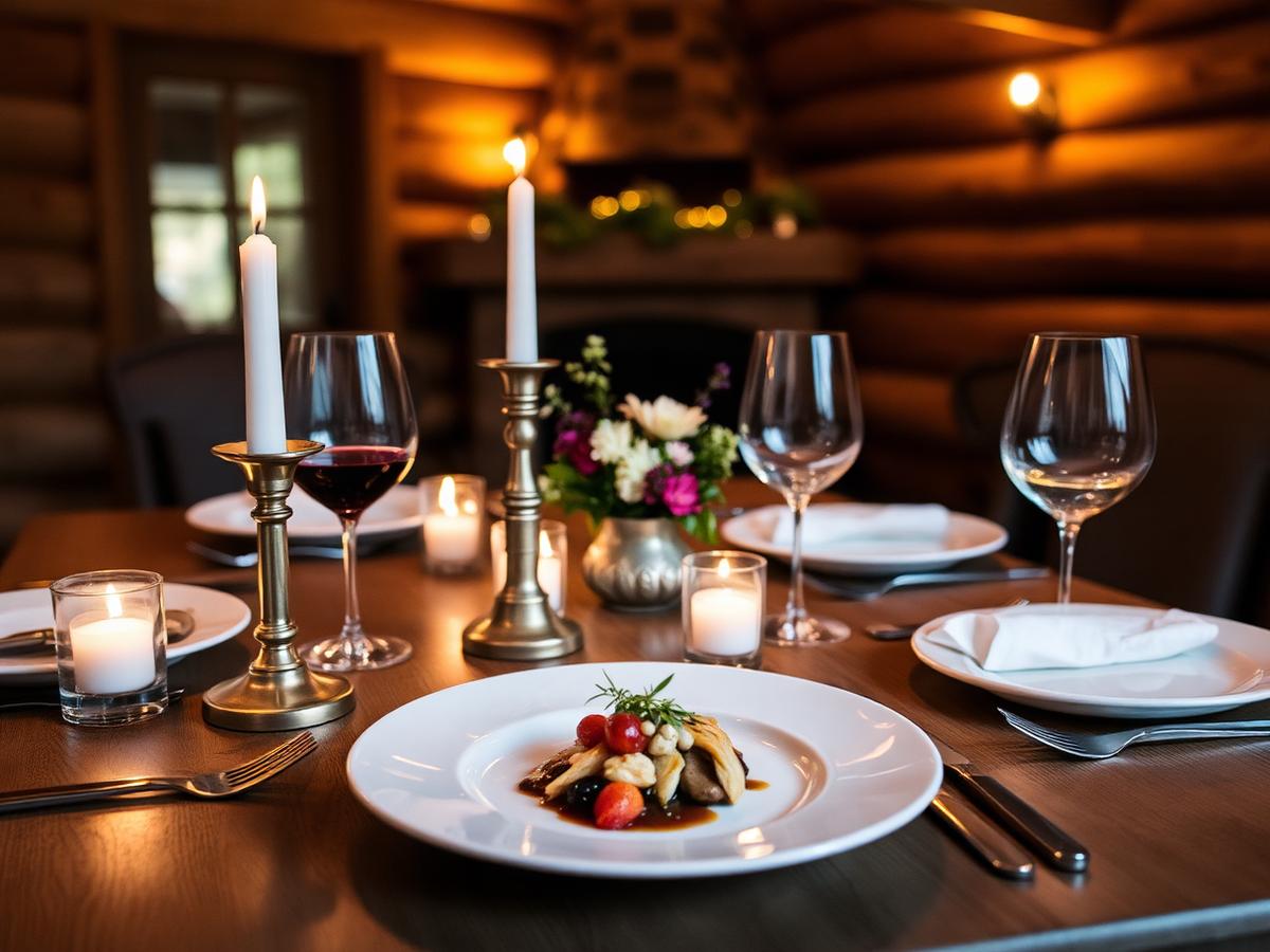 Candlelit private chef table setting in a Northwoods cabin
